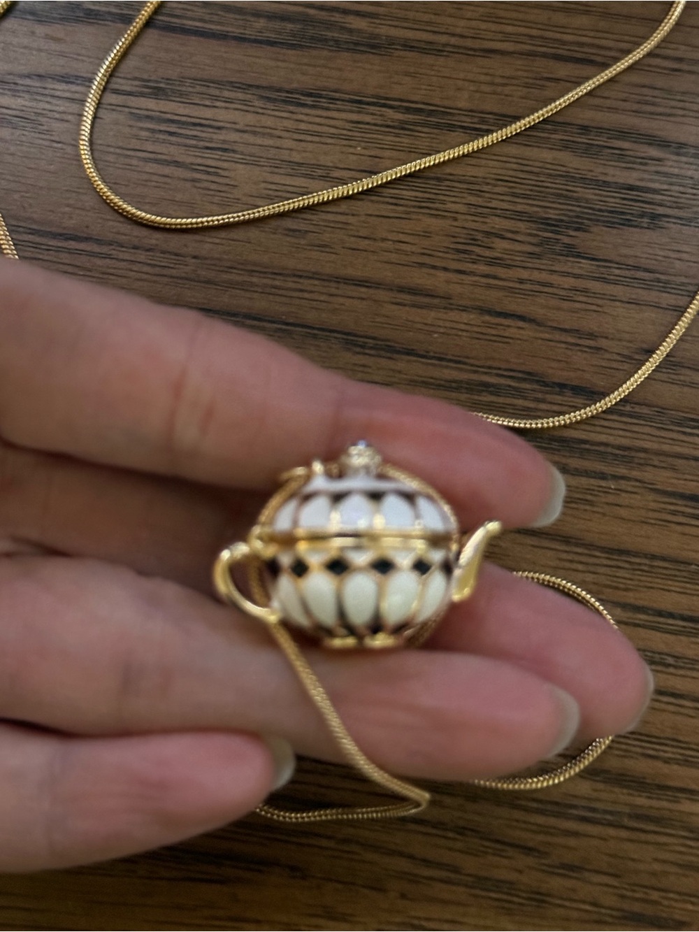 Gold and White Teapot Pendant Necklace 36” Adjustable Locket - Picture 4 of 12